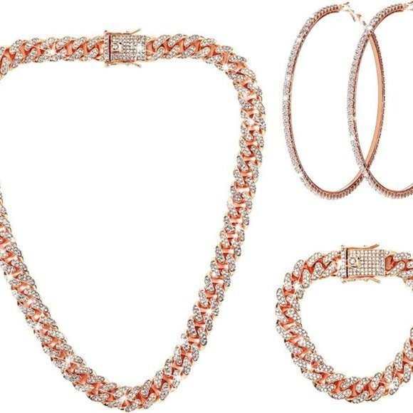 New Cuban Link Chain Necklace Bracelet Rhinestone Hoop Earrings Set - Picture 1 of 8